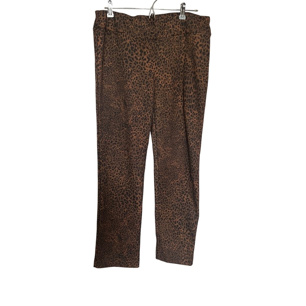 Brown Leopard Print Pull On Stretch Pants Womens Size 14 High Rise Straight Leg
